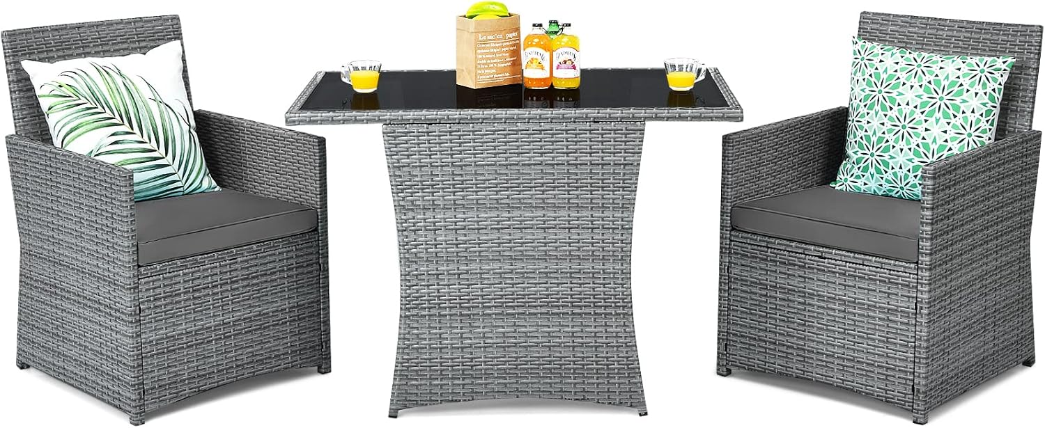 Tangkula 3 Pieces Patio Dining Set, Patiojoy Space-saving PE Rattan Bistro Set with Tempered Glass Top Table and Cushioned Chairs, Outdoor Conversation Set for Garden, Backyard, Poolside, Porch (Gray)