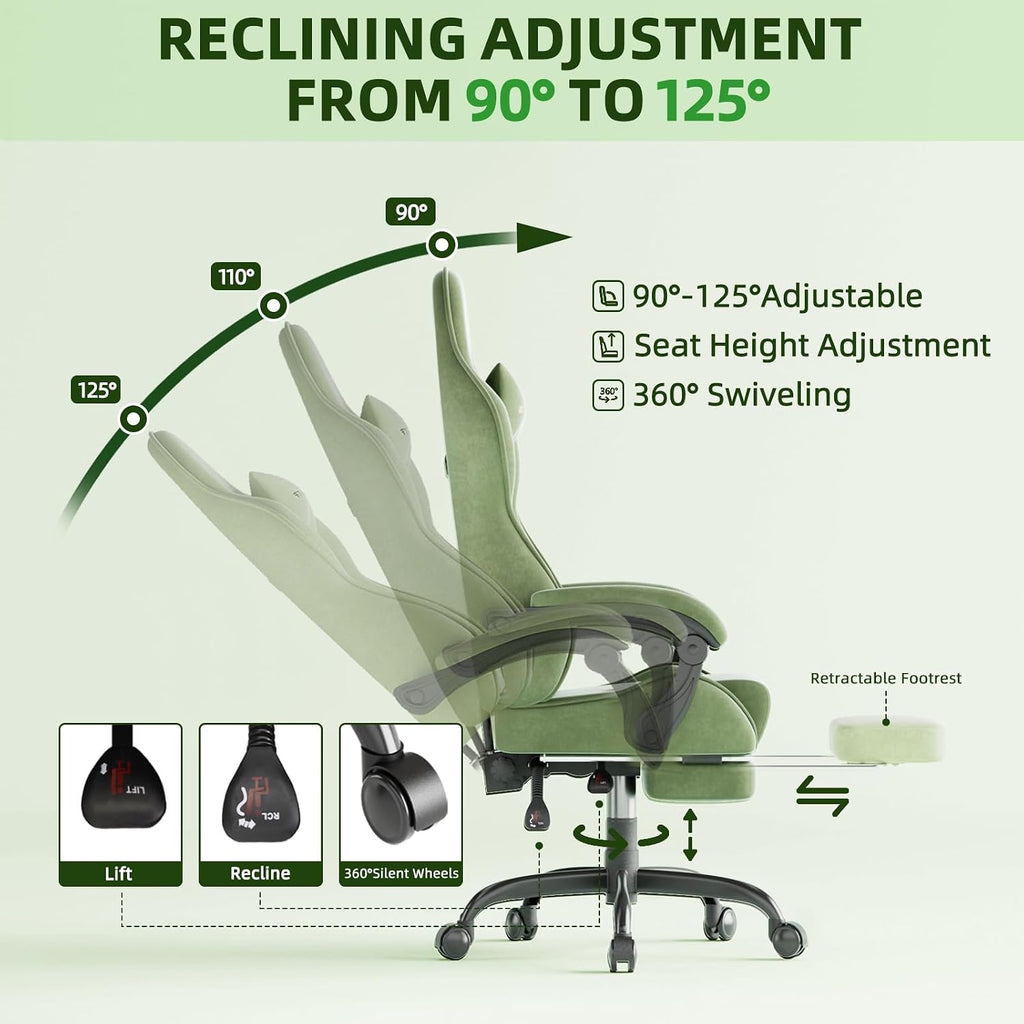 Ferghana Velvet Fabric Gaming Chair, High Back Ergonomic Gamer Chair for Adult, Comfortable Video Game Chair with Footrest and Massage Lumbar Cushion, Racing Reclining Office Computer Desk Chair Green