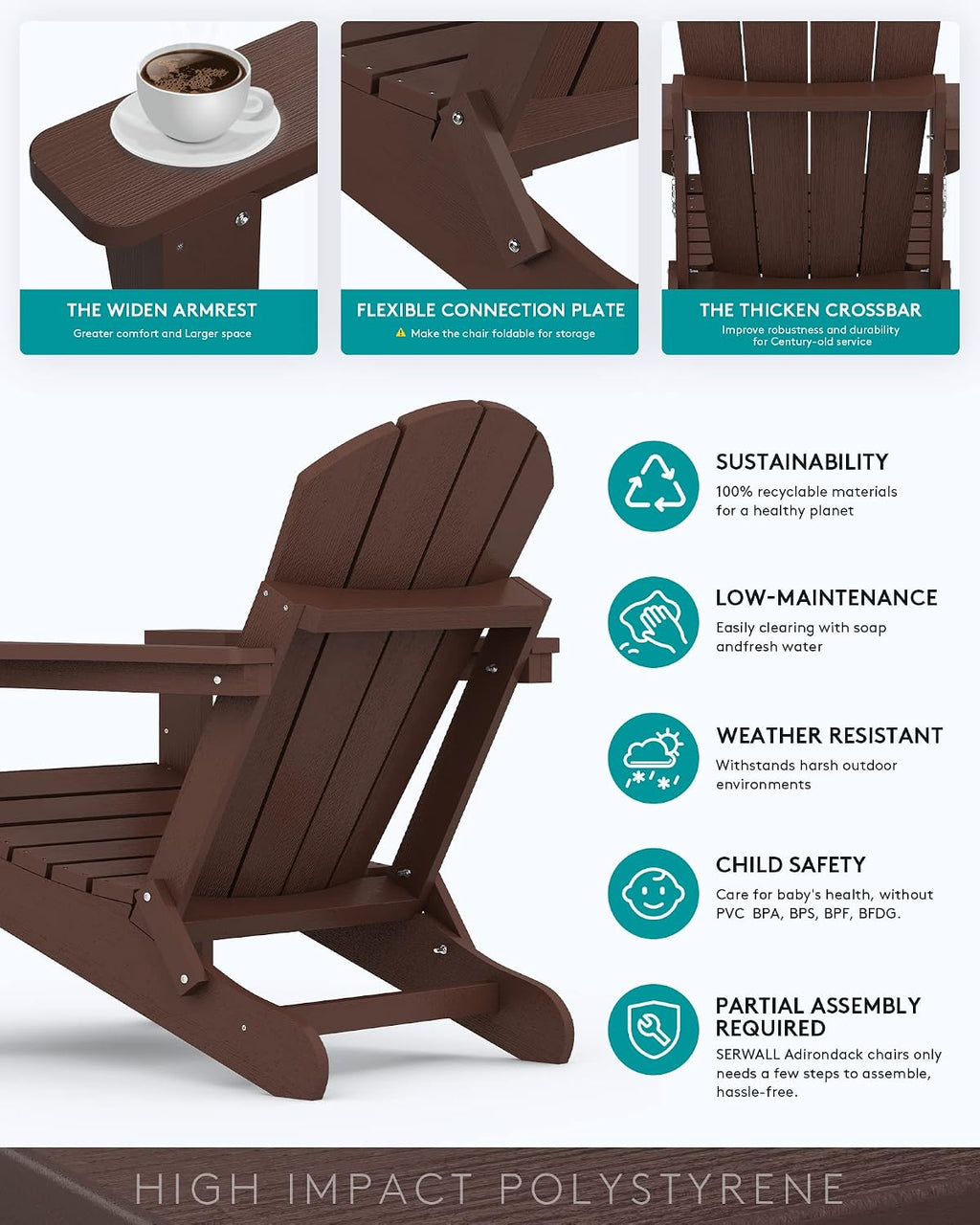 SERWALL Folding Adirondack Chair with Cup Holder for Outdoor, All-Weather Patio Chairs with Wood Texture, Fire Pit Chairs for Deck Porch Garden (Folding Coffee)