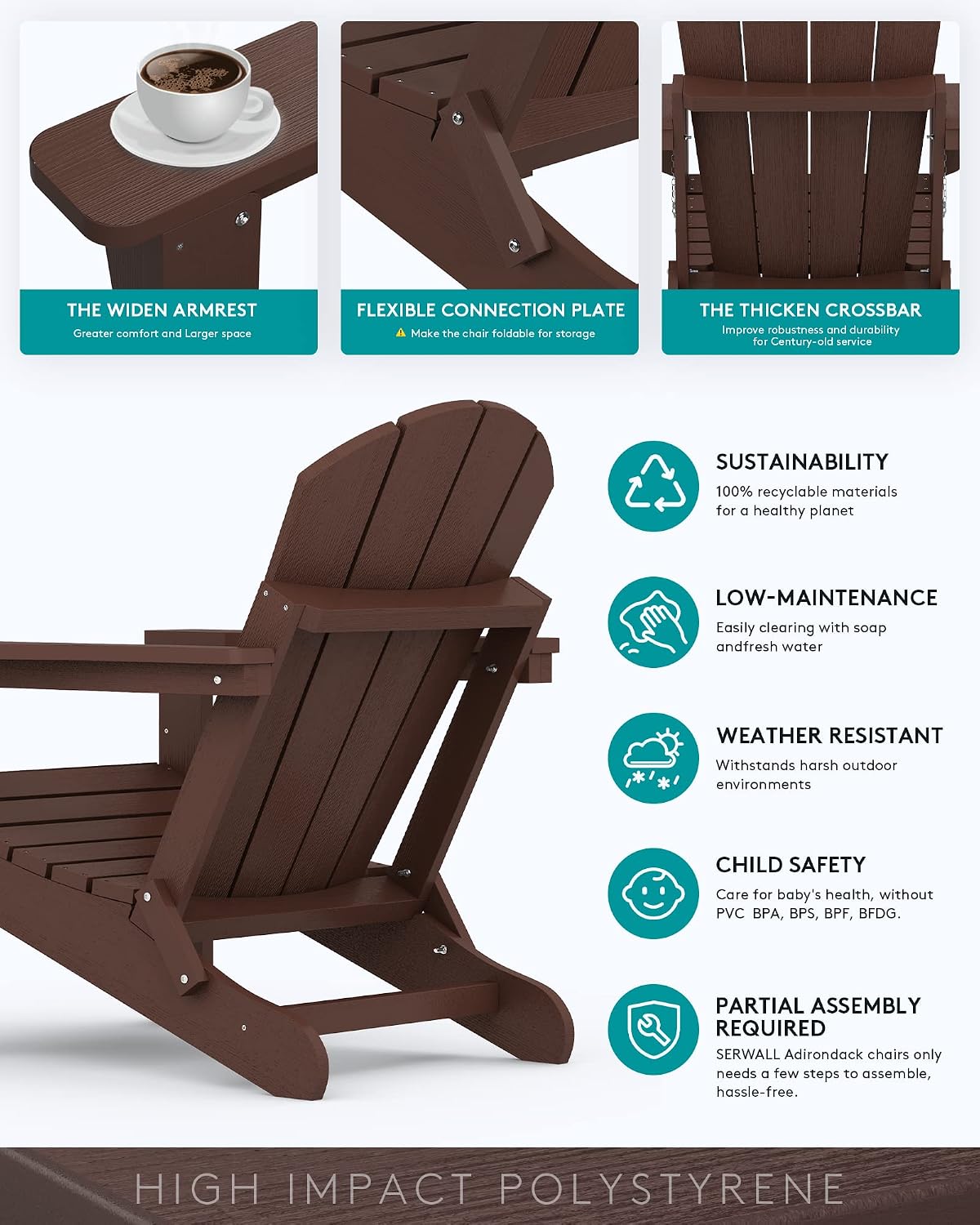 SERWALL Folding Adirondack Chair with Cup Holder for Outdoor, All-Weather Patio Chairs with Wood Texture, Fire Pit Chairs for Deck Porch Garden (Folding Coffee)