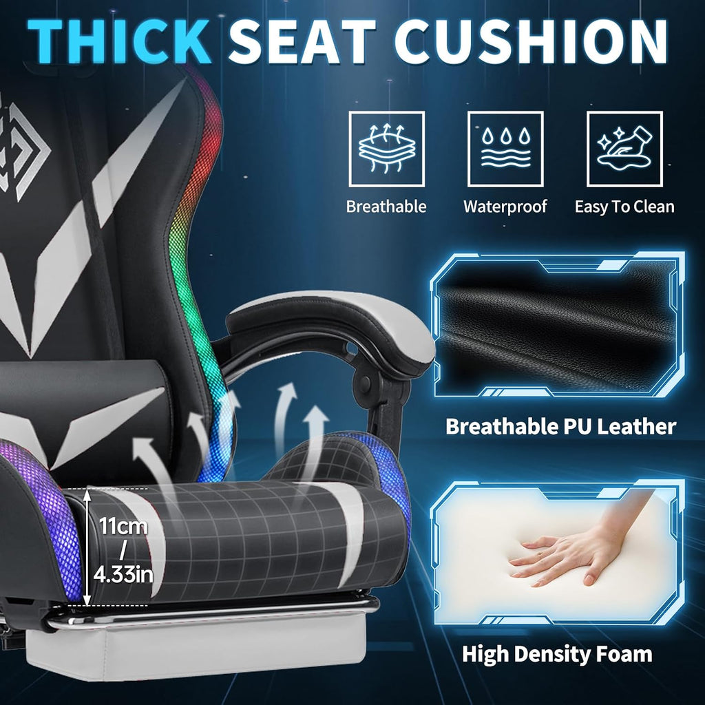 RGB Gaming Chair with Massage and LED Lights Ergonomic Computer Chair with Footrest Reclining High Back Video Game Chair for Adults with Adjustable Lumbar Support White and Black