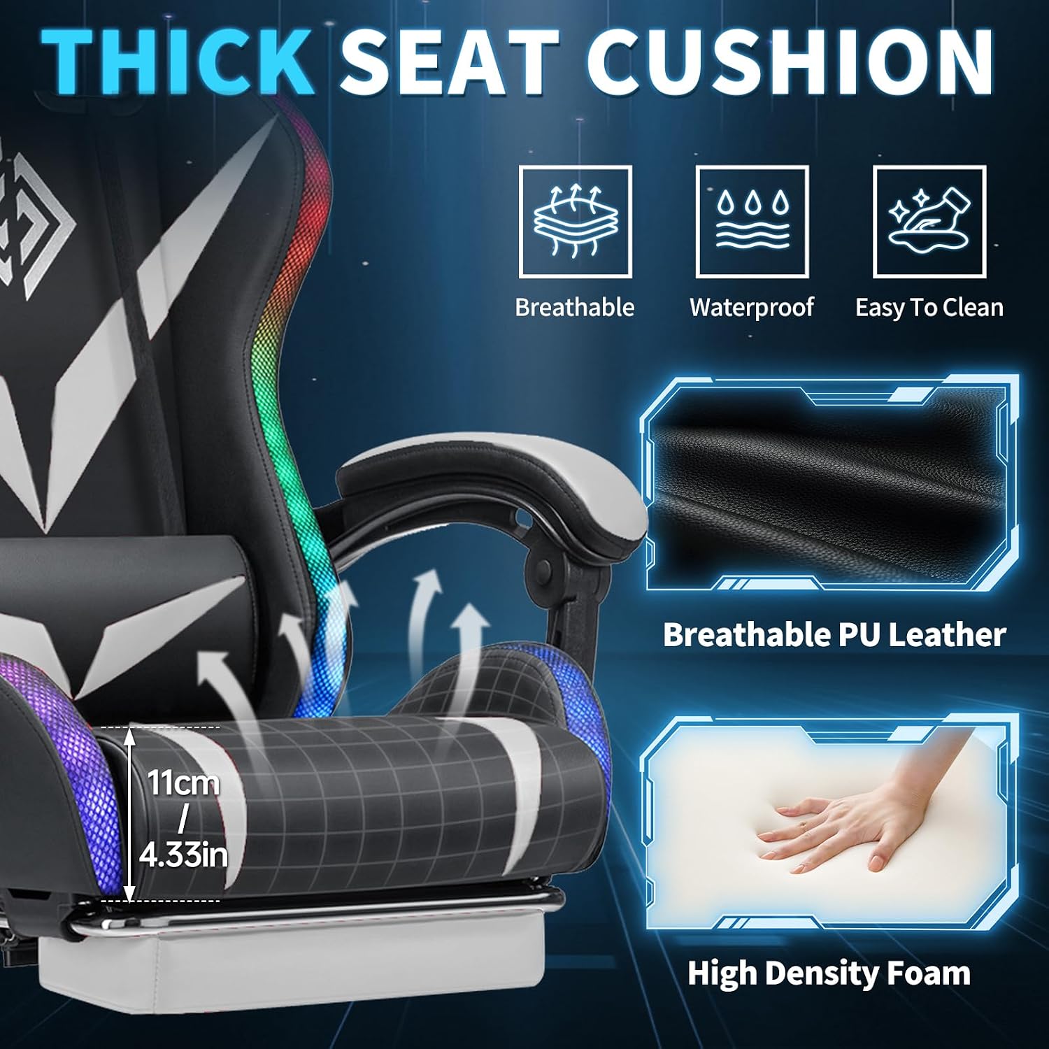 Gaming Chair with Bluetooth Speakers and RGB LED Lights Ergonomic Massage Computer Gaming Chair with Footrest Video Game Chair High Back with Lumbar Support White and Black