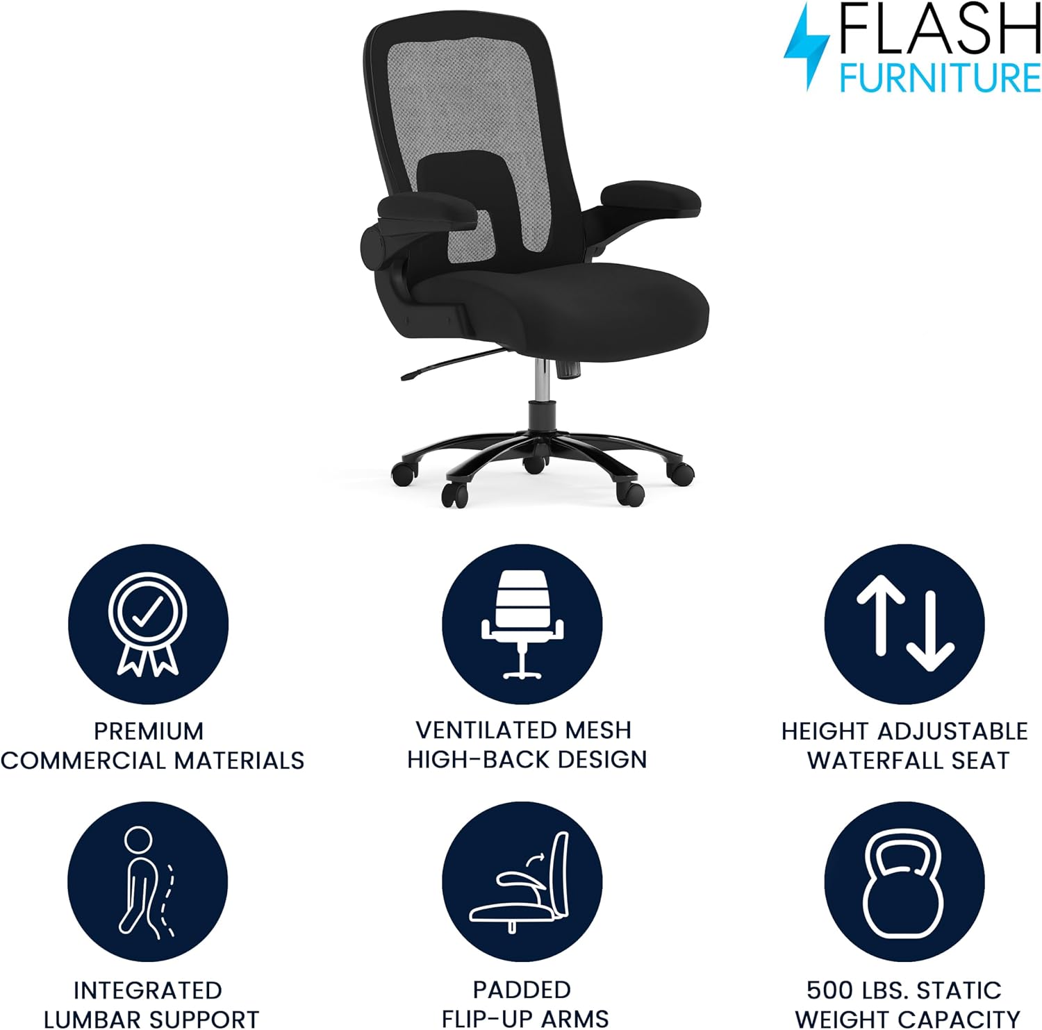 Flash Furniture Big & Tall Swivel Office and Gaming Chair with Lumbar and Back Support, Ergonomic Mesh Office Chair with Flip-Up Armrests and Adjustable Height, Black
