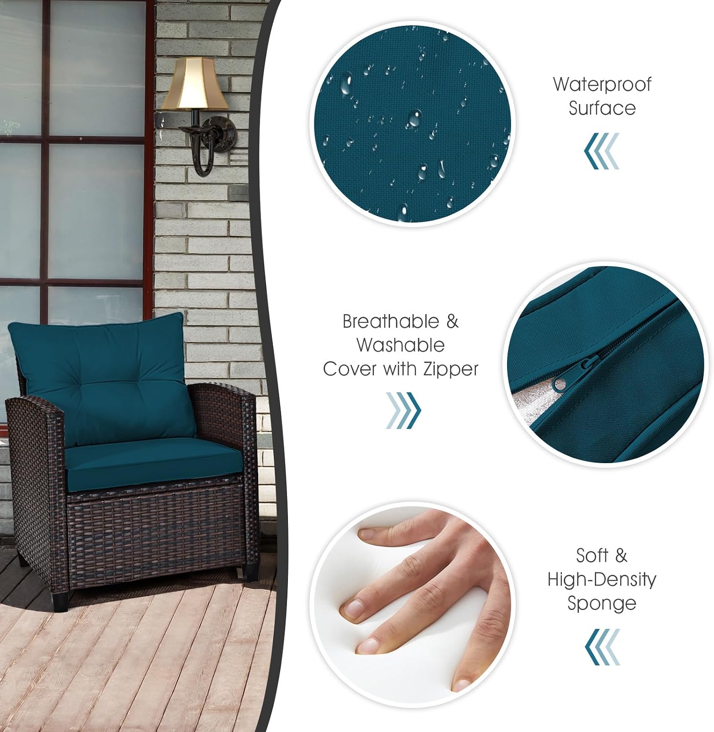 COSTWAY 3PCS Patio Furniture Set, PE Rattan Wicker Sofa w/Washable Cushion and Coffee Table, Tempered Glass Tabletop, Outdoor Conversation Set for Balcony, Porch, Yard, Backyard, Lawn (Blue)