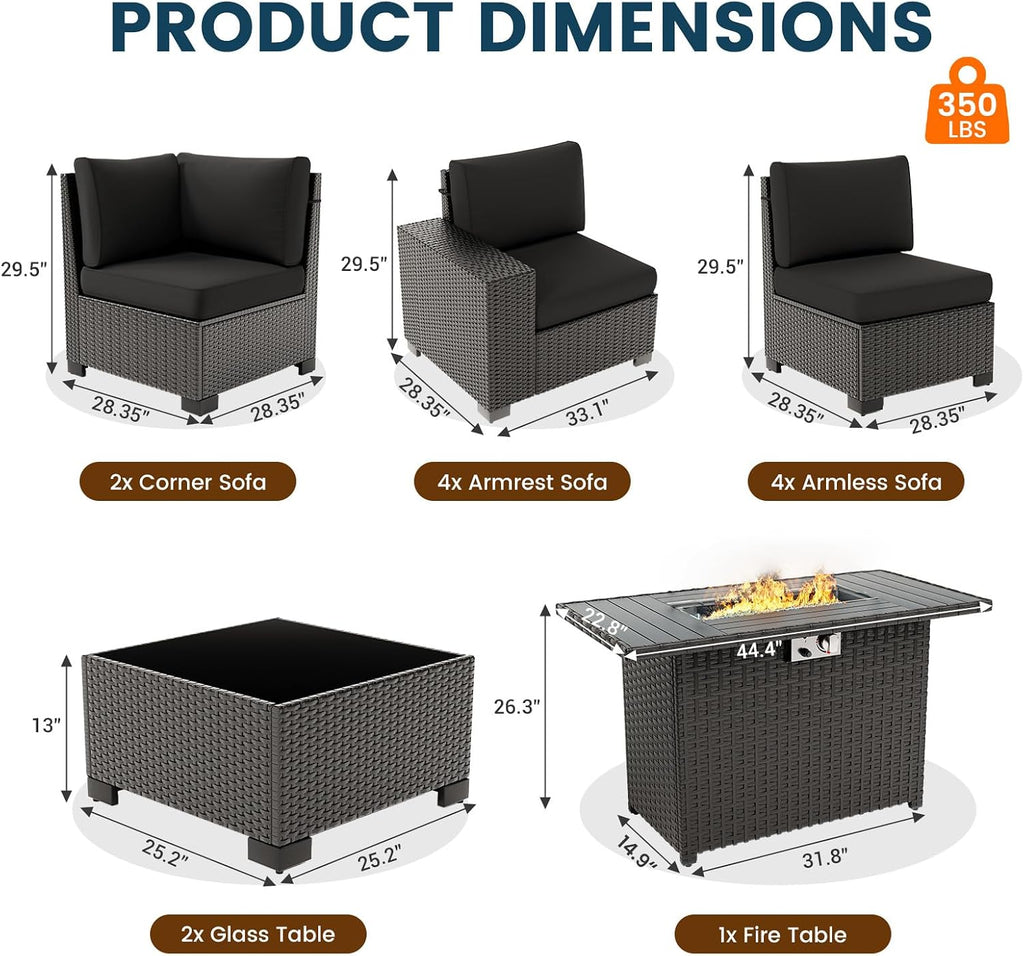13 Piece Patio Furniture Set with Fire Pit Table, Outdoor Sectional Conversation Sets Black Wicker Rattan Sectional Sofa for Patio Garden Backyard, 4'' Thickened Cushion