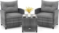 KOTEK 3 Piece Patio Furniture Set, Outdoor PE Rattan Conversation Set with Washable Cushions & Tempered Glass Tabletop, Wicker Chairs and Table Set for Porch, Garden, Balcony (Grey)