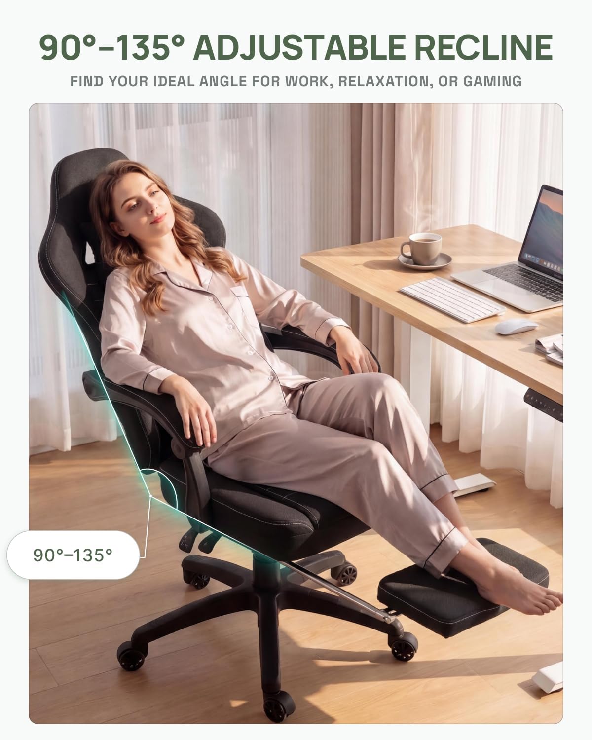Dowinx Gaming Chair Breathable Fabric Game Chair with Gel Pad and Storage Bag, Comfortable Gamer Chair with Pocket Spring Cushion, Ergonomic Computer Chair with Footrest, Black