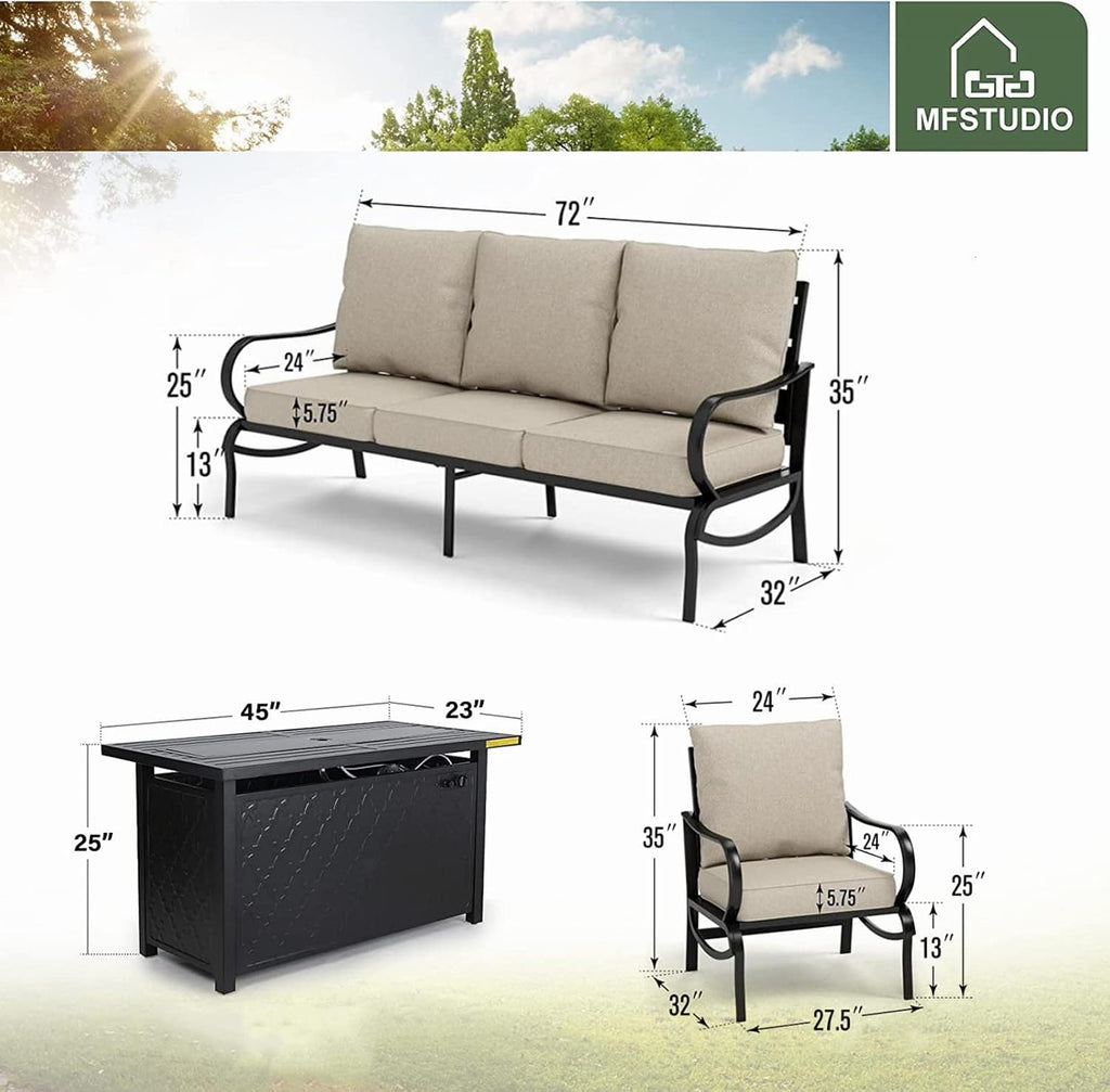 MFSTUDIO 4 Pieces Patio Conversation Sets, All Weather Metal Frame Outdoor Furniture Set Patio Sofas with 1 x 45 Rectangular Propane Fire Table, 1 x 3-Seat Sofa, 2 x Sofa Chairs, Beige Cushion