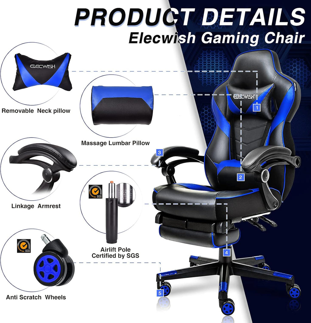 ELECWISH Gaming Chair, Reclining Computer Chair with Footrest and Lumbar Support, High Back Ergonomic Gamer Chair for Adults, Gaming Desk Chair with Headrest PU Leather