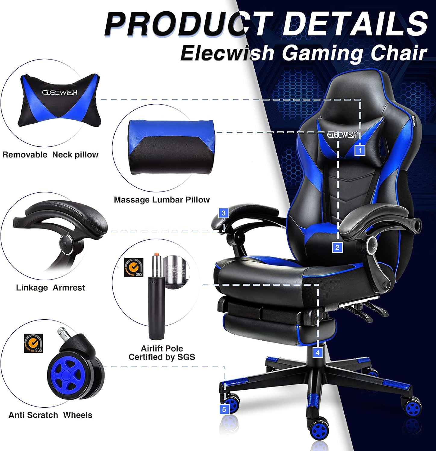 ELECWISH Gaming Chair, Reclining Computer Chair with Footrest and Lumbar Support, High Back Ergonomic Gamer Chair for Adults, Gaming Desk Chair with Headrest PU Leather