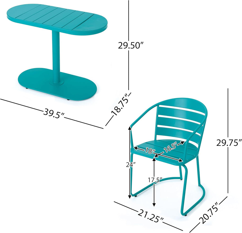 Christopher Knight Home Adley Outdoor Bistro Set, 3-Piece Bistro Table and Chair Set of 2, Patio Furniture Set with Iron Frame, Outdoor Metal Bistro Dining Set, Poolside/Garden Cafeteria, Teal