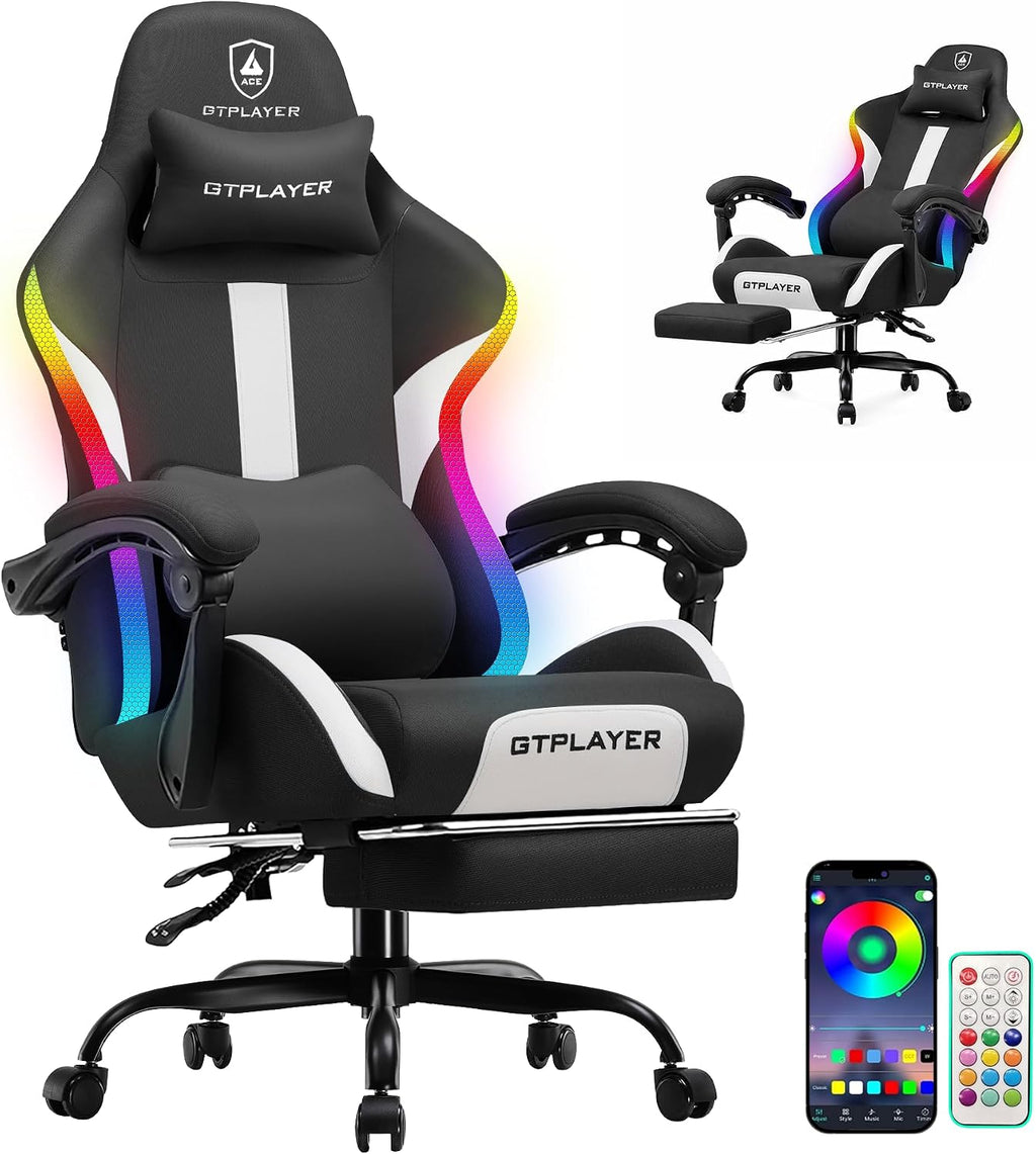GTPLAYER RGB Gaming Chair with Footrest, LED Lights, Ergonomic Computer Chair with Linkage Armrest, Breathable Fabric for Home Office Desk - Video Game Chairs for Adults, Dim RGB