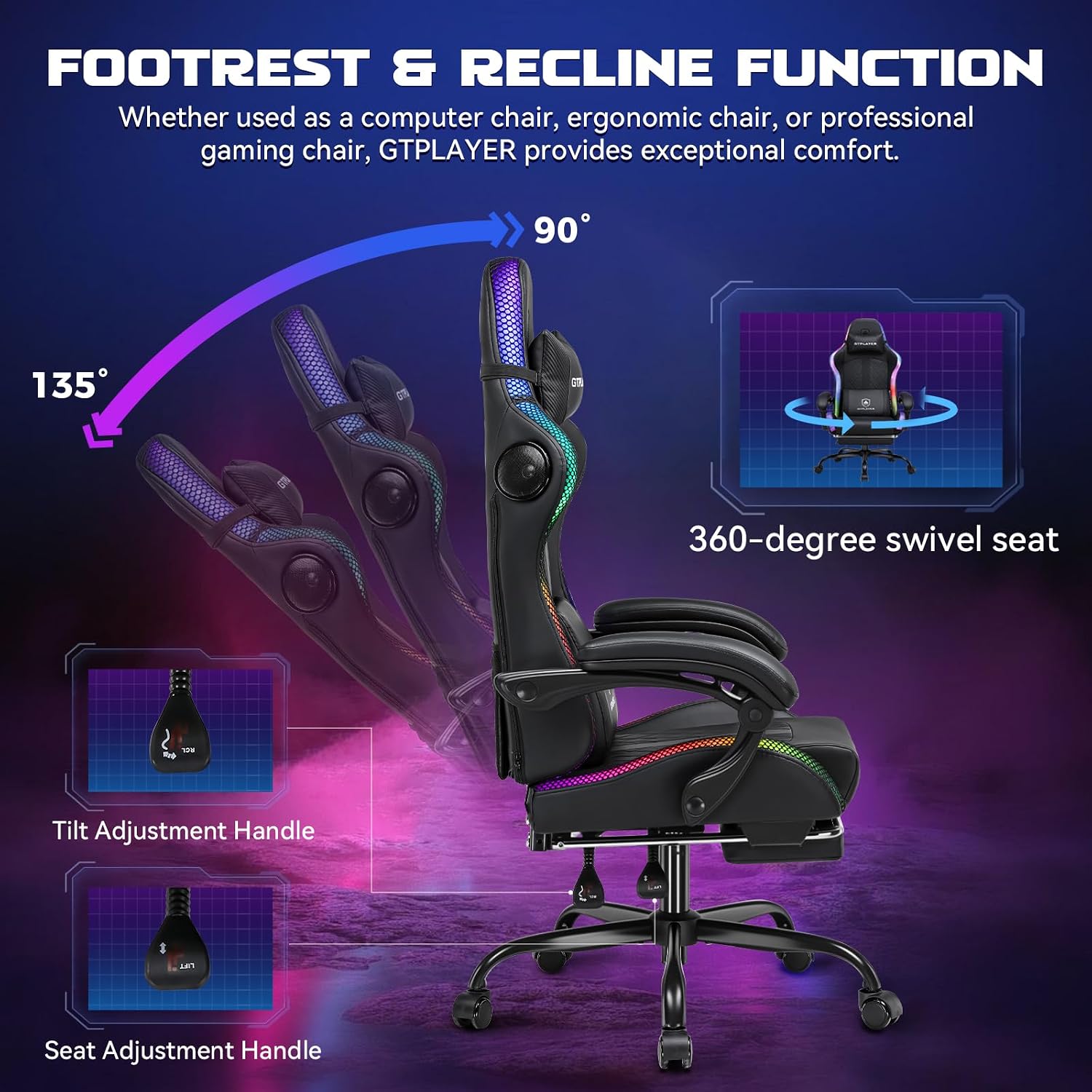 GTPLAYER RGB Gaming Chair with Speakers, Computer Gamer Chair with Footrest and LED Lights, PC Gamer Chairs for Adults, High Back Reclining Office Chairs, Linkage Armrest (Black, with Speakers)