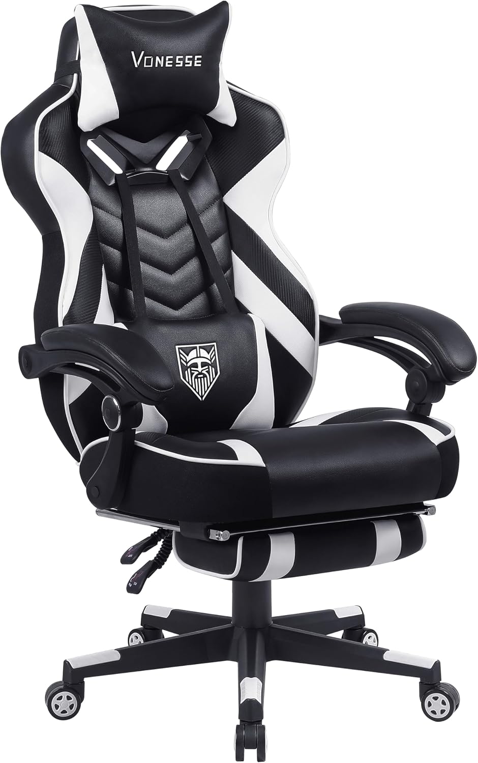 Vonesse Gaming Chair, Big and Tall Gaming Chair with Footrest and Massage, Gaming Chairs for Adults with Lumbar Support, Ergonomic High Back Computer Chair with Pocket Spring Cushion (White/Black)