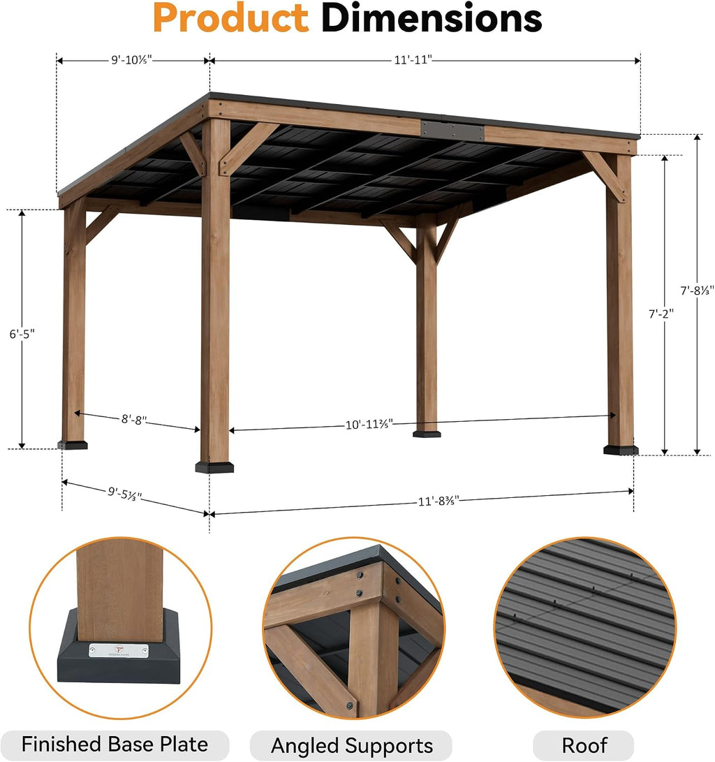 Modern Shade Supreme Cedar Wood Gazebo 10' x 12' with Hardtop Slope Roof, Wooden Carport with Durable and Rot-Resistant, Hardtop Gazebo with Supports Snow Loads and High Wind Speeds for Backyard