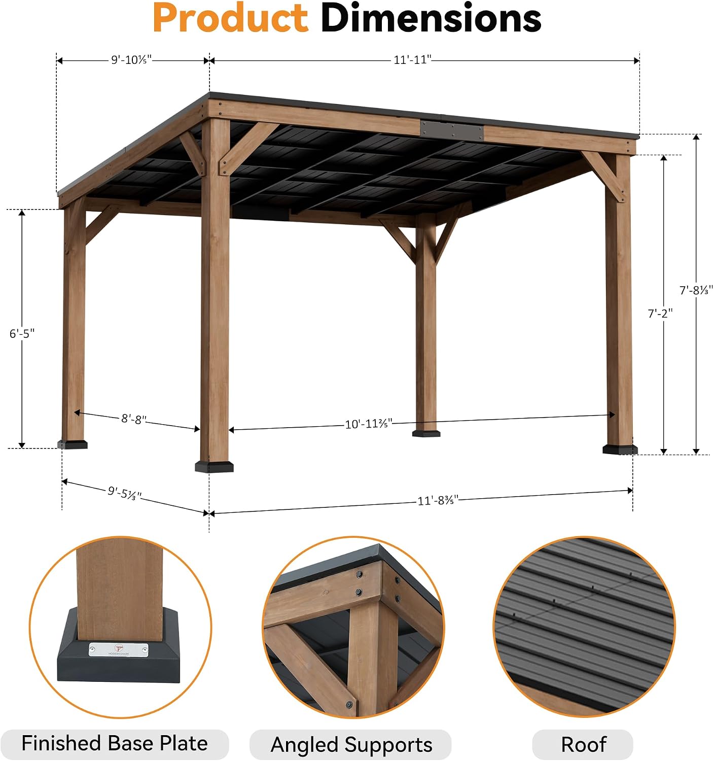 Modern Shade Supreme Cedar Wood Gazebo 10' x 12' with Hardtop Slope Roof, Wooden Carport with Durable and Rot-Resistant, Hardtop Gazebo with Supports Snow Loads and High Wind Speeds for Backyard