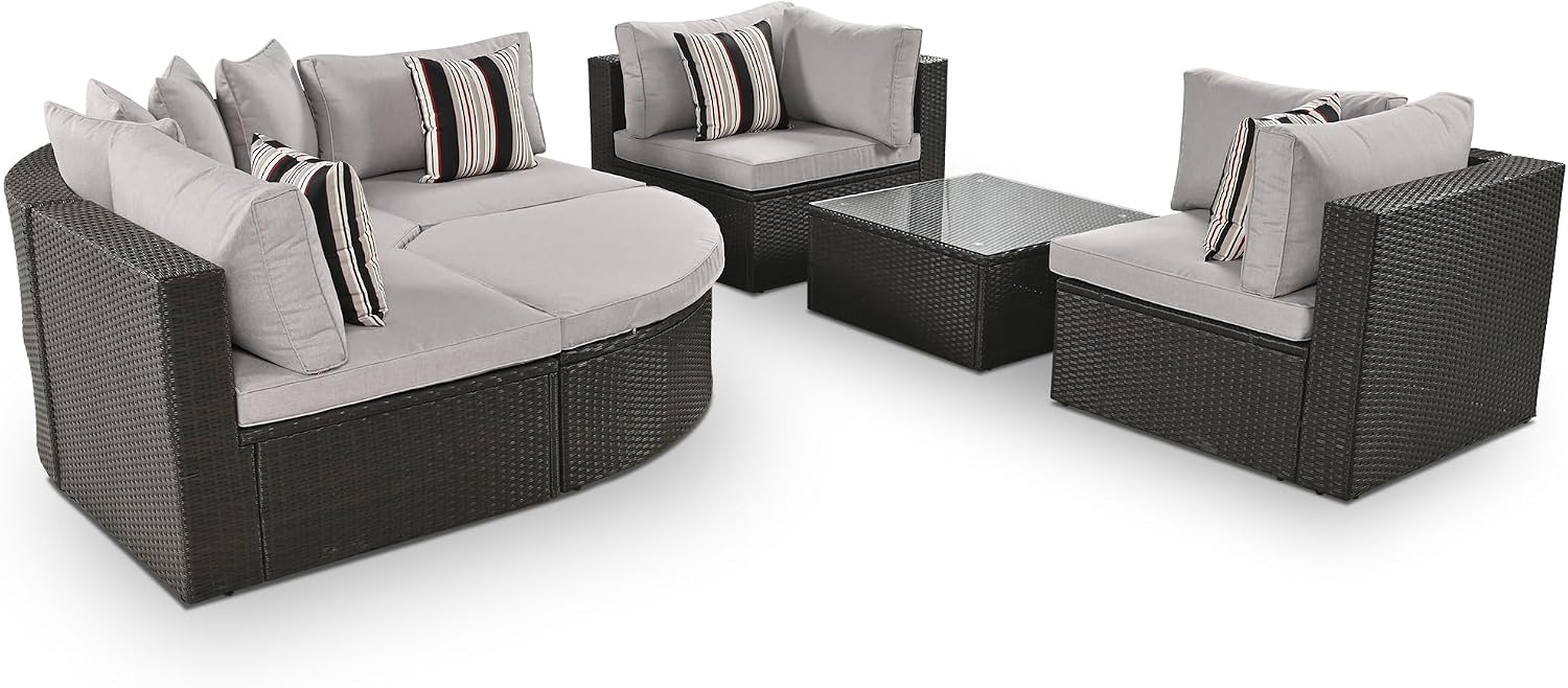 Merax 7-Piece Outdoor Wicker Sectional Sofa Set,Modular Rattan Conversation Set with Gray Cushions,Striped Green Pillows & Tempered Glass Coffee Table for Patio,Garden,Deck,Brown