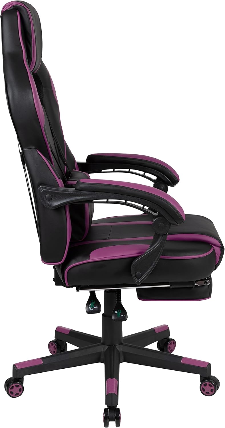 EMMA + OLIVER Black/Purple Ergonomic Gaming Chair -Recline Back/Arms, Footrest, Massaging Lumbar