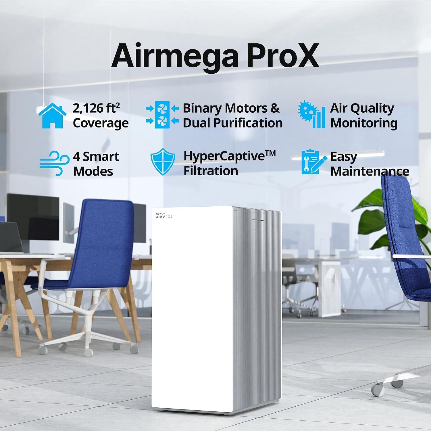 COWAY Air Purifiers for Large Room Whole Home Up to 4,253ft², 2 Sets of XL Washable Pre-Filters and HEPA Filters for Dual Purification, AQI, Turbo Mode, Timer, Wheels, 5yr Warranty, ProX(W)