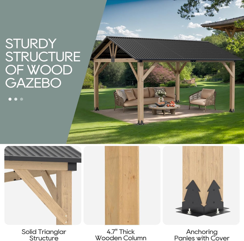 10'x12' Outdoor Patio Wooden Gazebo - Cedar Solid Wood Gazebo with Galvanized Steel Roof, Wooden Frame, Pavilion for Lawns, Beach, Patio, Garden(10X12FT)