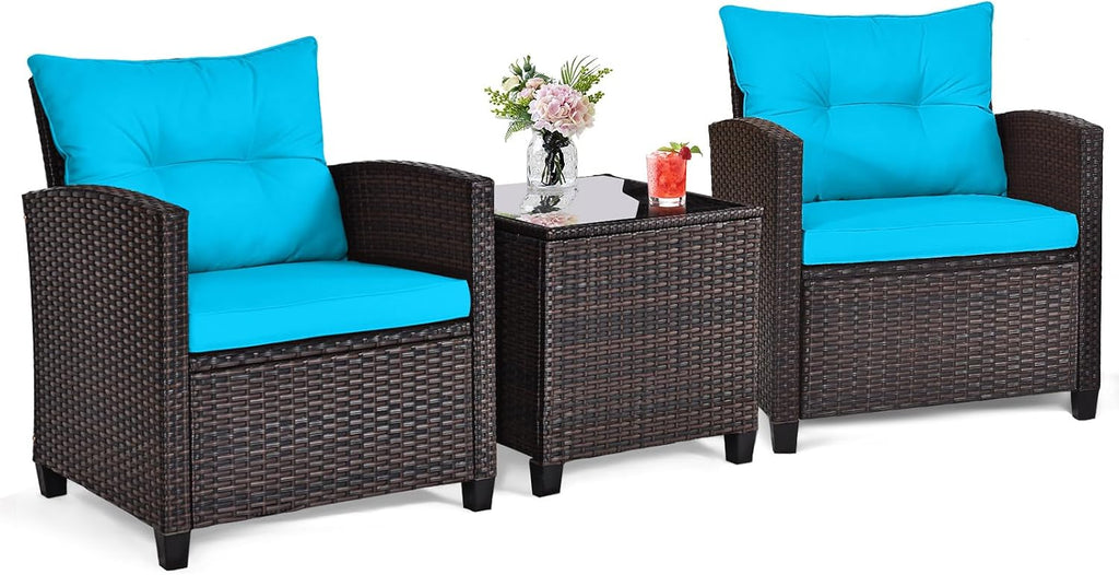 ORALNER 3 Pieces Patio Furniture Set, Outdoor Wicker Conversation Set Rattan Chairs with Cushions, Glass Coffee Table, Bistro Set for Front Porch Balcony Garden Deck Poolside (Turquoise)