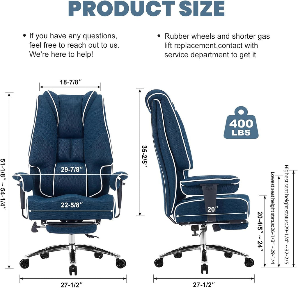 EXCEBET Big and Tall Office Chair 400lbs Wide Seat, Leather High Back Executive Office Chair with Lumbar Support, Ergonomic Chairs Padded Armrests & Thick Cushion (Mesh Blue)