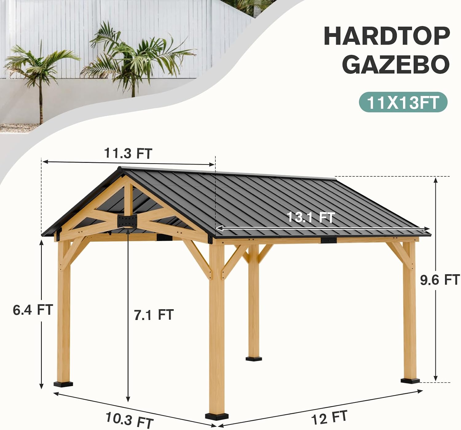 COOS BAY 11x13 Hardtop Gazebo with Cedar Wood Frame, Post-and-Beam Gazebo Shelter, Galvanized Steel Gable Roof with UV Protection for Garden, Patio, Poolside, Backyard, Natural Wood/Black