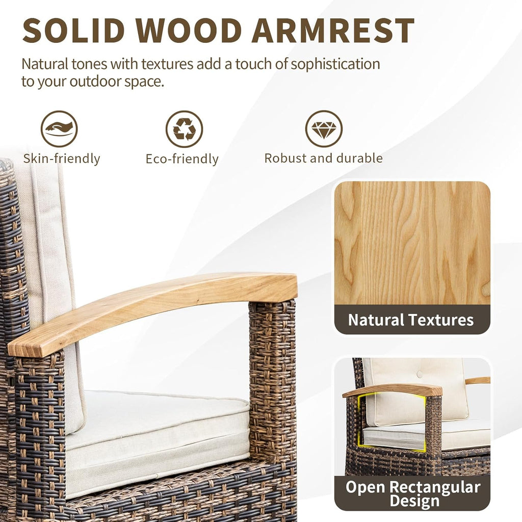 MEISSALIVVE 6 Pieces Patio Furniture Sets, PE Wicker Outdoor Conversation Sets with 2 Wood Armrests Single Chairs, 2 Ottomans and Dining Table (Beige)