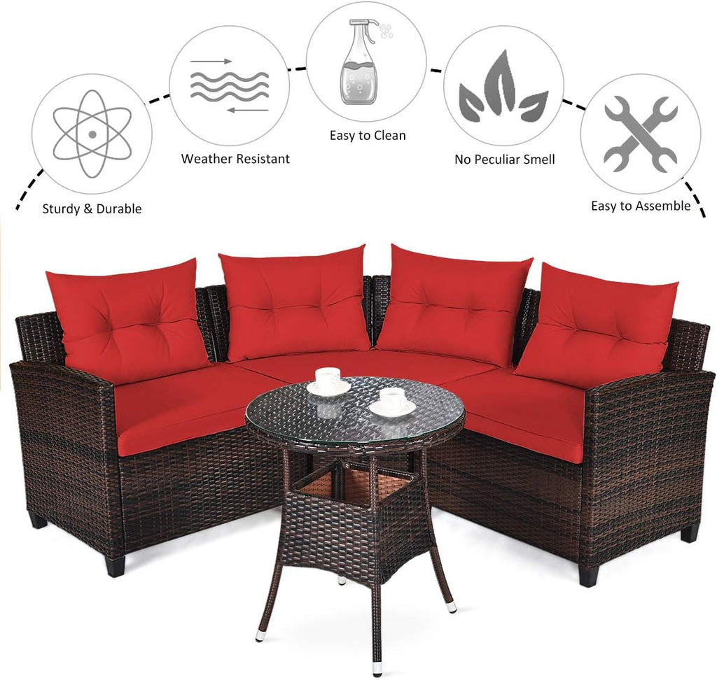 Tangkula 4-Piece C Shape Patio Furniture Set, Outdoor Corner Wicker Rattan Sectional Cushioned Sofa Set, with Glass Coffee Table, for Garden Poolside Balcony (Red)