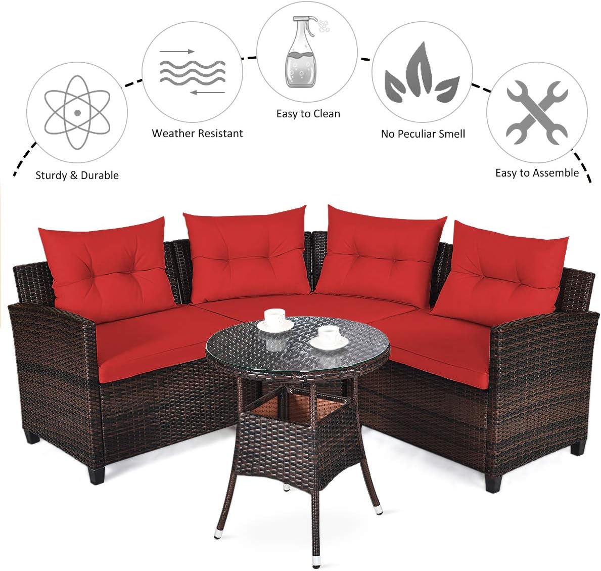 Tangkula 4-Piece C Shape Patio Furniture Set, Outdoor Corner Wicker Rattan Sectional Cushioned Sofa Set, with Glass Coffee Table, for Garden Poolside Balcony (Red)