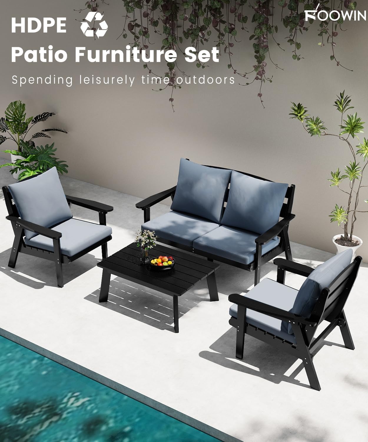 FOOWIN 4-Piece Patio Furniture Set, HDPE All-Weather Outdoor Conversation Set with Thick Cushions, Sectional Patio Sofa Furniture for Deck, Porch, Lawn, Garden, Black Frame & Grey Cushion