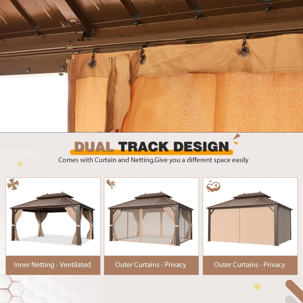 EROMMY 10 x 13FT Hardtop Gazebo with Galvanized Steel Double Roof Canopy,Aluminum Frame Netting and Curtains Included Outdoor Permanent Metal Pavilion for Parties Deck and Lawns