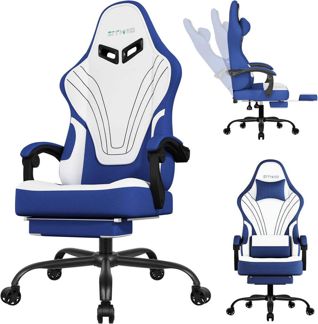 Gaming Chair, Ergonomic Computer Chair with Footrest, Big Tall PC Gamer Chair with Headrest and Massage Lumbar Support, 360° Swivel Height Adjustable Fabric Video Office Chairs for Adults (Blue)