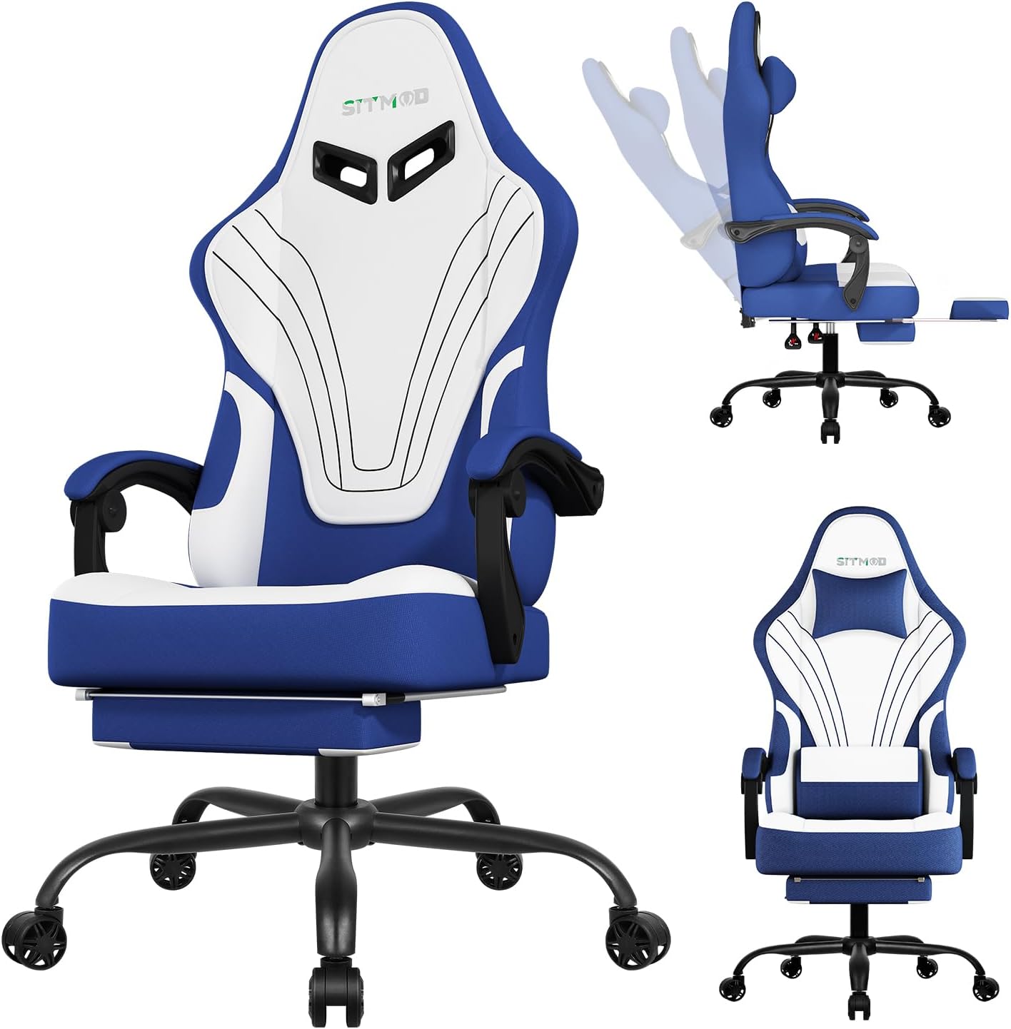 Gaming Chair, Ergonomic Computer Chair with Footrest, Big Tall PC Gamer Chair with Headrest and Massage Lumbar Support, 360° Swivel Height Adjustable Fabric Video Office Chairs for Adults (Blue)