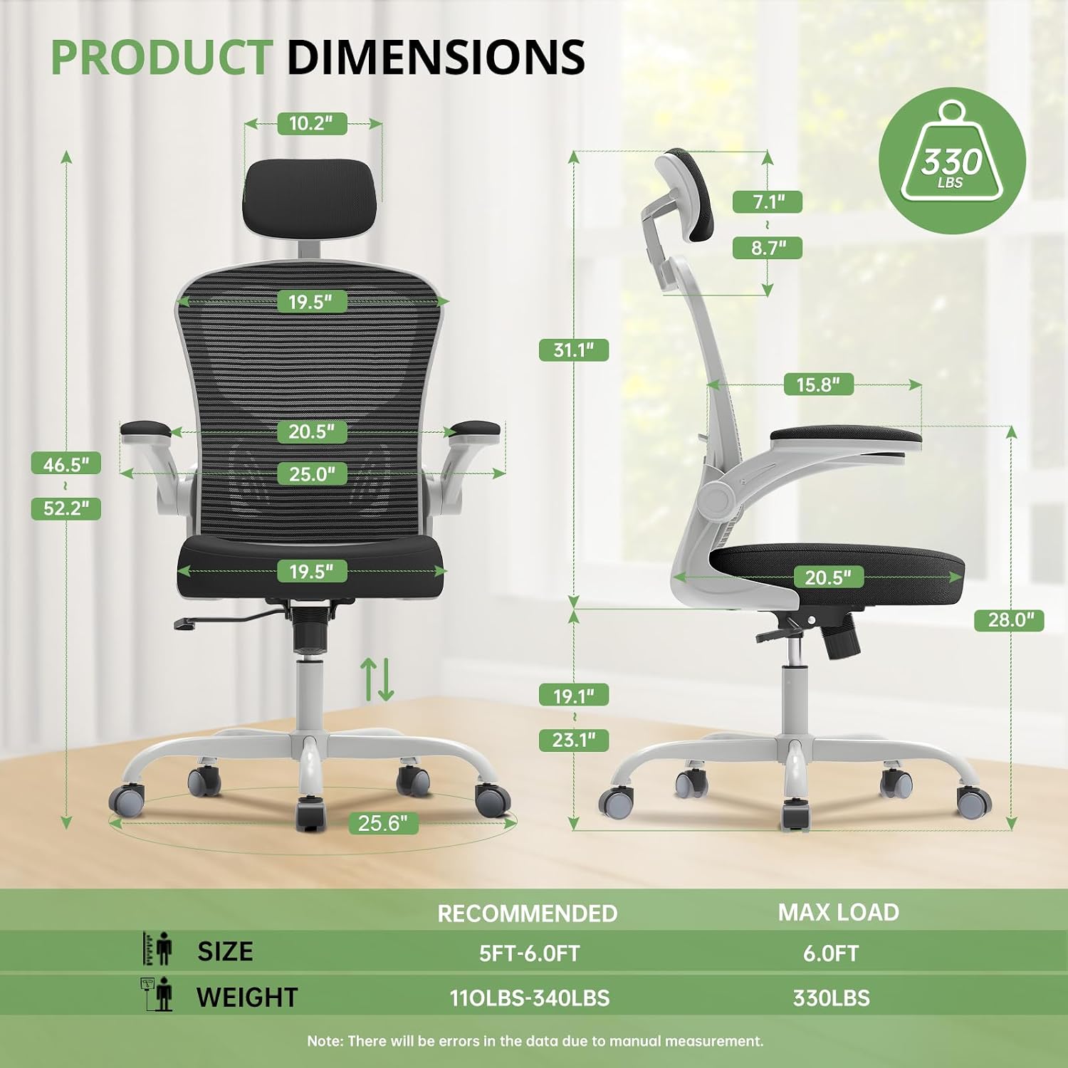 Office Chair Ergonomic Desk Chair, 330LBS Capacity, High Back Computer Design for Long Hours Comfort, Rolling Swivel for Home Office, Flip-up Armrests, Grey Black