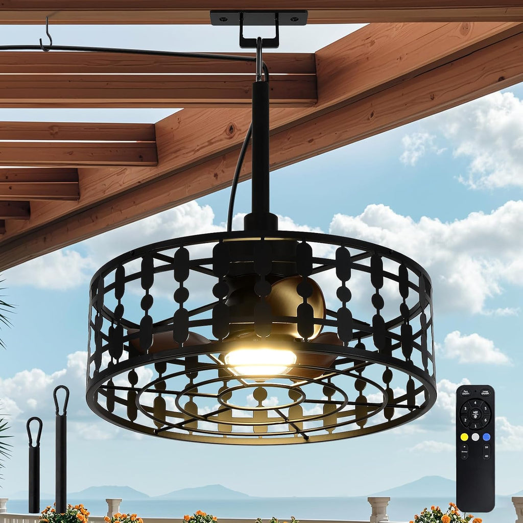 ZHENYANGL 18.9' Outdoor Ceiling Fan with Light and Remote LED Black Industrial Caged Ceiling Fan Light Fixture with Hook IP 54 Waterproof Plug in Fan Lights for Patios, Porch, Pergola, Canopy, Gazebo