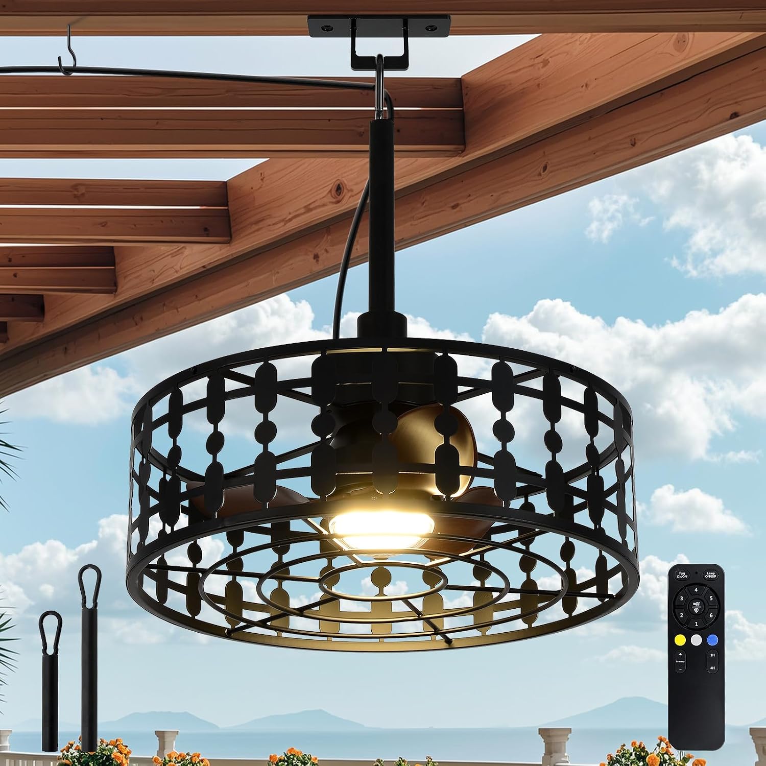 ZHENYANGL 18.9' Outdoor Ceiling Fan with Light and Remote LED Black Industrial Caged Ceiling Fan Light Fixture with Hook IP 54 Waterproof Plug in Fan Lights for Patios, Porch, Pergola, Canopy, Gazebo