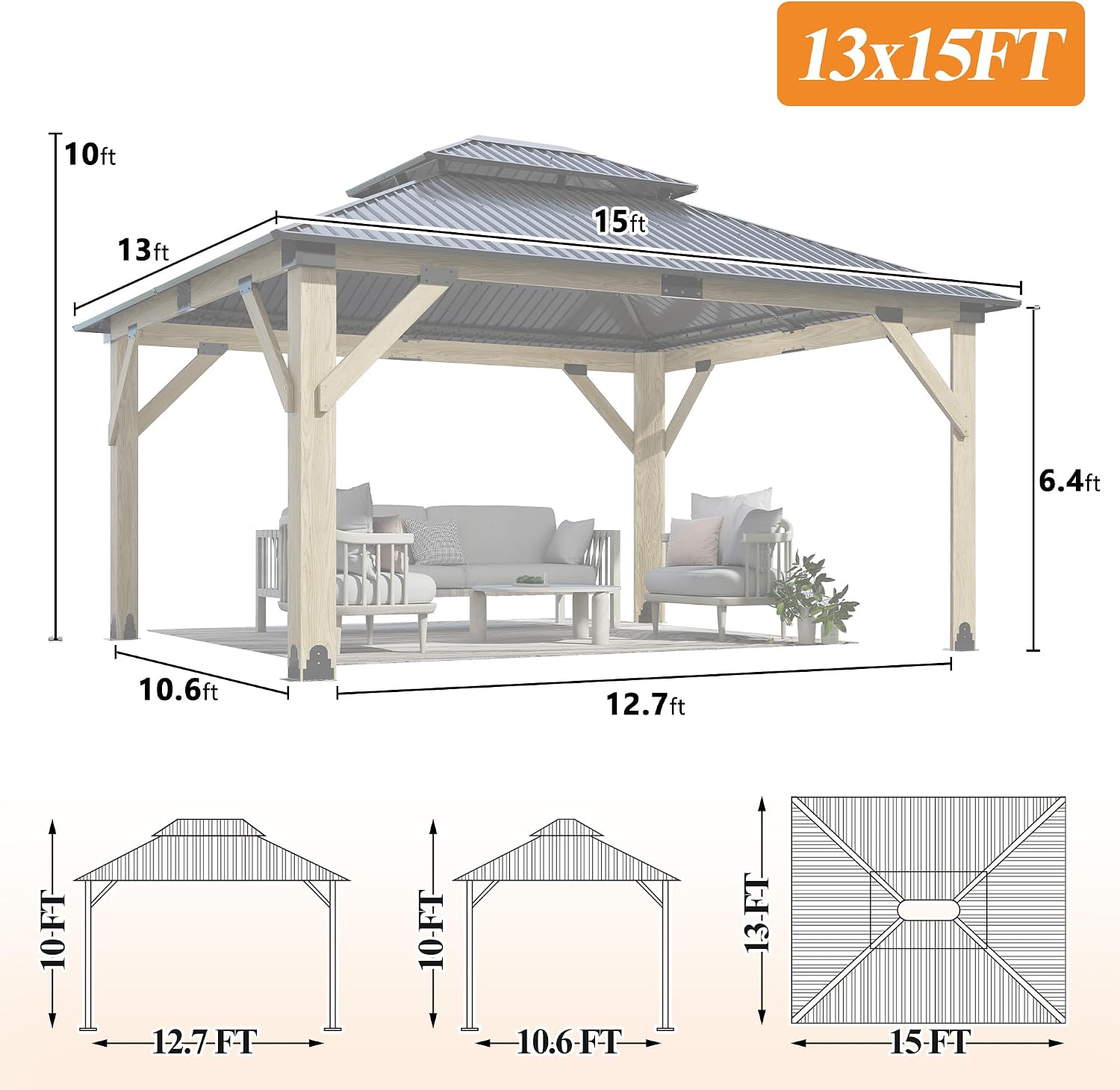13'x15' Outdoor Wooden Gazebo - Patio Galvanized Steel Gazebos with Double Vented Roof, Heavy-Duty Wood Gazebo for Garden, Lawn, Poolside, Backyard Deck