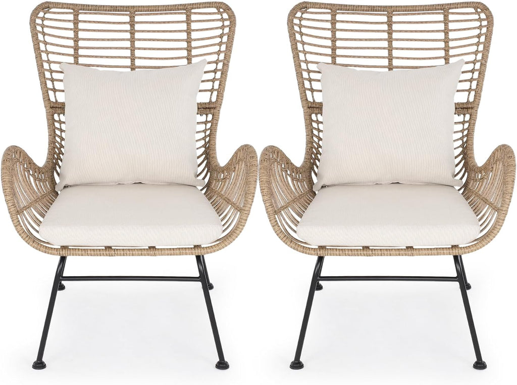 IDZO Isabelle Upgraded 2000 Hours UV Wicker Chairs Outdoor Set of 2, 500 lbs Capacity Outdoor Patio Chair, All-Weather Club Chair with Water-Resistant Olefin Cushions, Boho Style, Beige