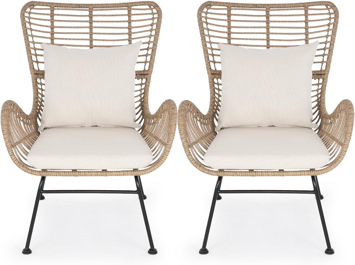 IDZO Isabelle Upgraded 2000 Hours UV Wicker Chairs Outdoor Set of 2, 500 lbs Capacity Outdoor Patio Chair, All-Weather Club Chair with Water-Resistant Olefin Cushions, Boho Style, Beige