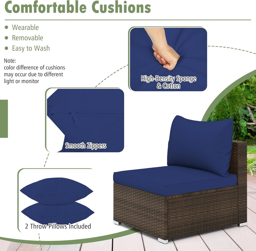 Tangkula 7 Piece Patio Wicker Furniture Set, Outdoor Rattan Sectional Sofa Set for 6 with Seat & Back Cushions, 2 Throw Pillows, Sofa Fastener Clips, for Backyard, Poolside, Deck (Mix Brown+Navy)