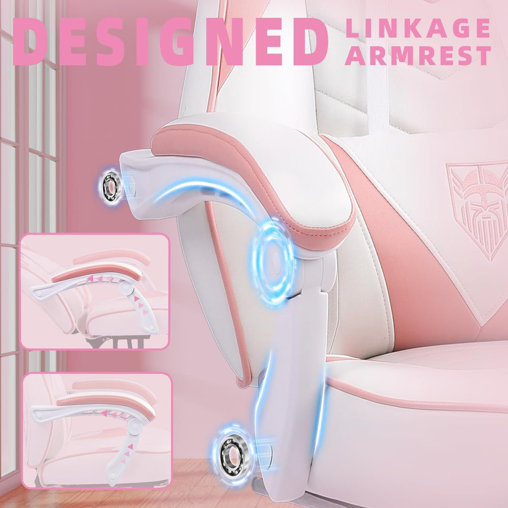 Vonesse Gaming Chair, High Back Pink Gaming Chair with Footrest and Massage, Gaming Chairs for Adults with Pocket Spring Cushion, Big and Tall Reclining Computer Chair with Lumbar Support (White/Pink)