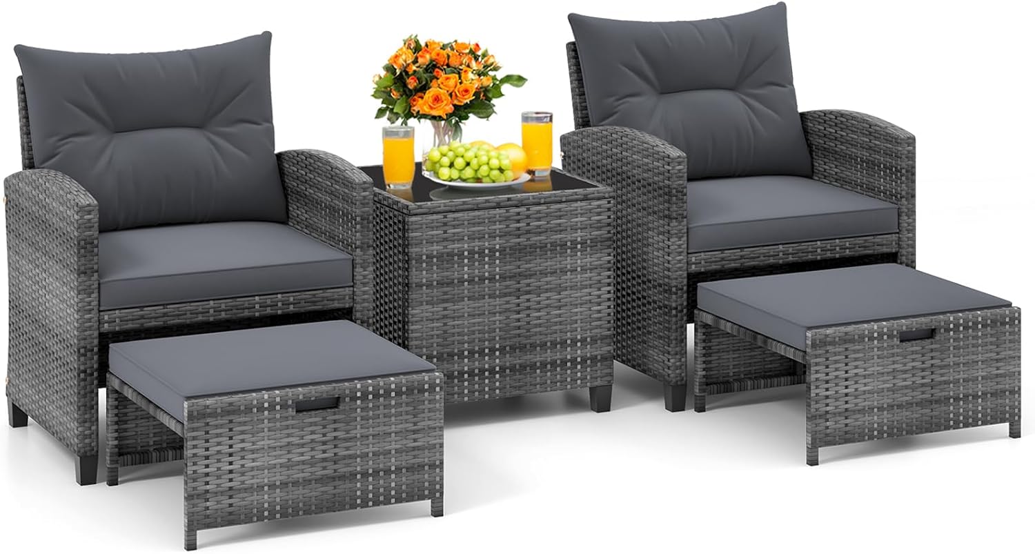 KOTEK 5 Pieces Patio Furniture Set with Ottomans, Wicker Patio Conversation Set with Coffee Table & Cushions, PE Rattan Outdoor Lounge Chairs for Backyard, Porch, Poolside (Mix Grey- Grey)