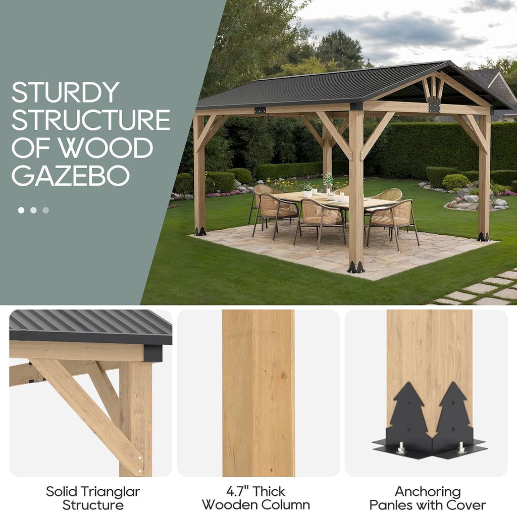11'x13' Outdoor Patio Wooden Gazebo - Cedar Solid Wood Gazebo with Galvanized Steel Roof, Wooden Frame, Pavilion for Lawns, Beach, Patio, Garden (11X13FT)
