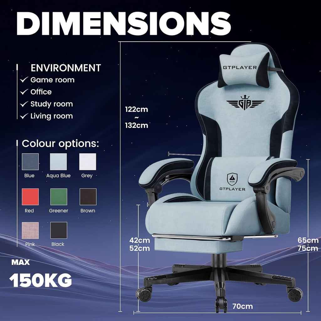 GTPLAYER Gaming Chair, Computer Office Chair Lumbar Support, Linkage Armrests and Footrest, Ergonomic Game Chair for Adults with Extended Backrest, Velvet Fabric, Light Blue
