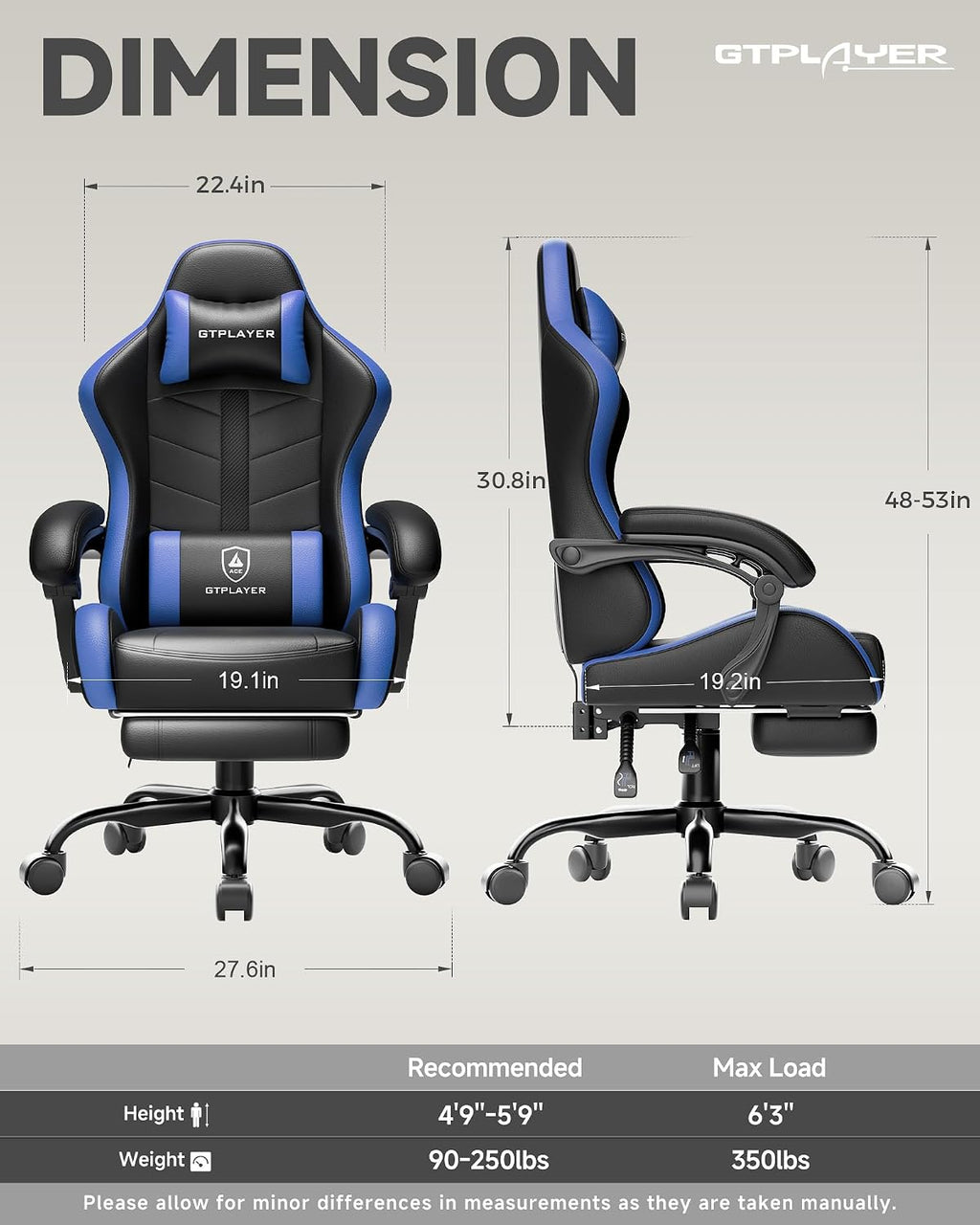 GTPLAYER Gaming Chair with Footrest, Computer Gaming Chair for Adults and Kids, Height Adjustable Gamer Chair with 90-155° Recline & Removable Headrest Lumbar Support, Dark Black-Blue