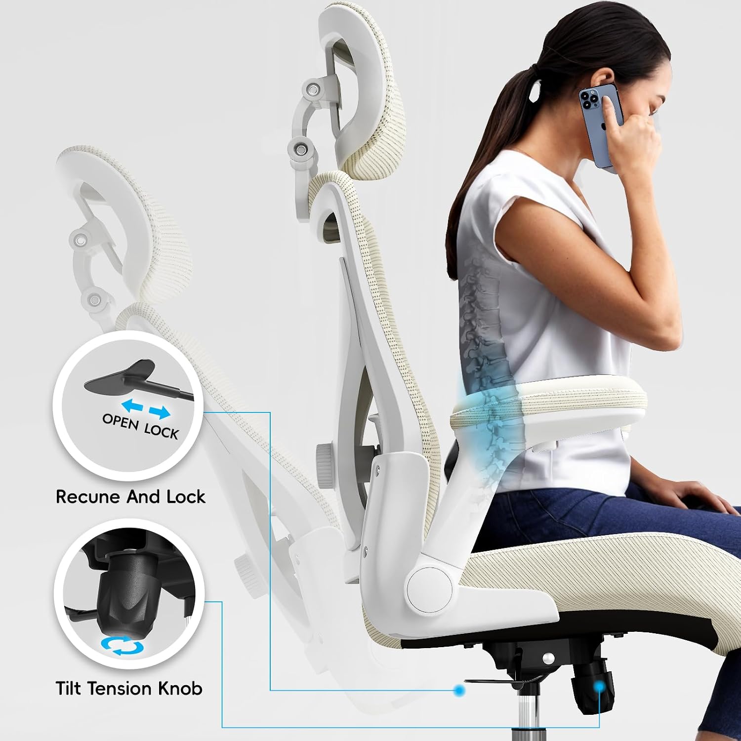Ergalithic Office Home Ergonomic Desk Chair-Computer X-Shaped Chair Mesh PU Leather with Adjustable Lumbar Support-Executive Chair High Back with Headrest Flip-Up Arms for Long Hours (Beige)