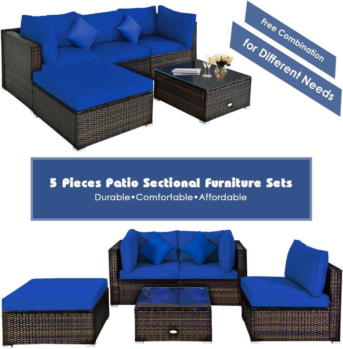 COSTWAY 5-Piece Outdoor Patio Furniture Set, Glass Top Coffee Table and Lounge Sofa with Cushions, PE Rattan Conversation Set for Garden, Deck, Backyard (Navy)