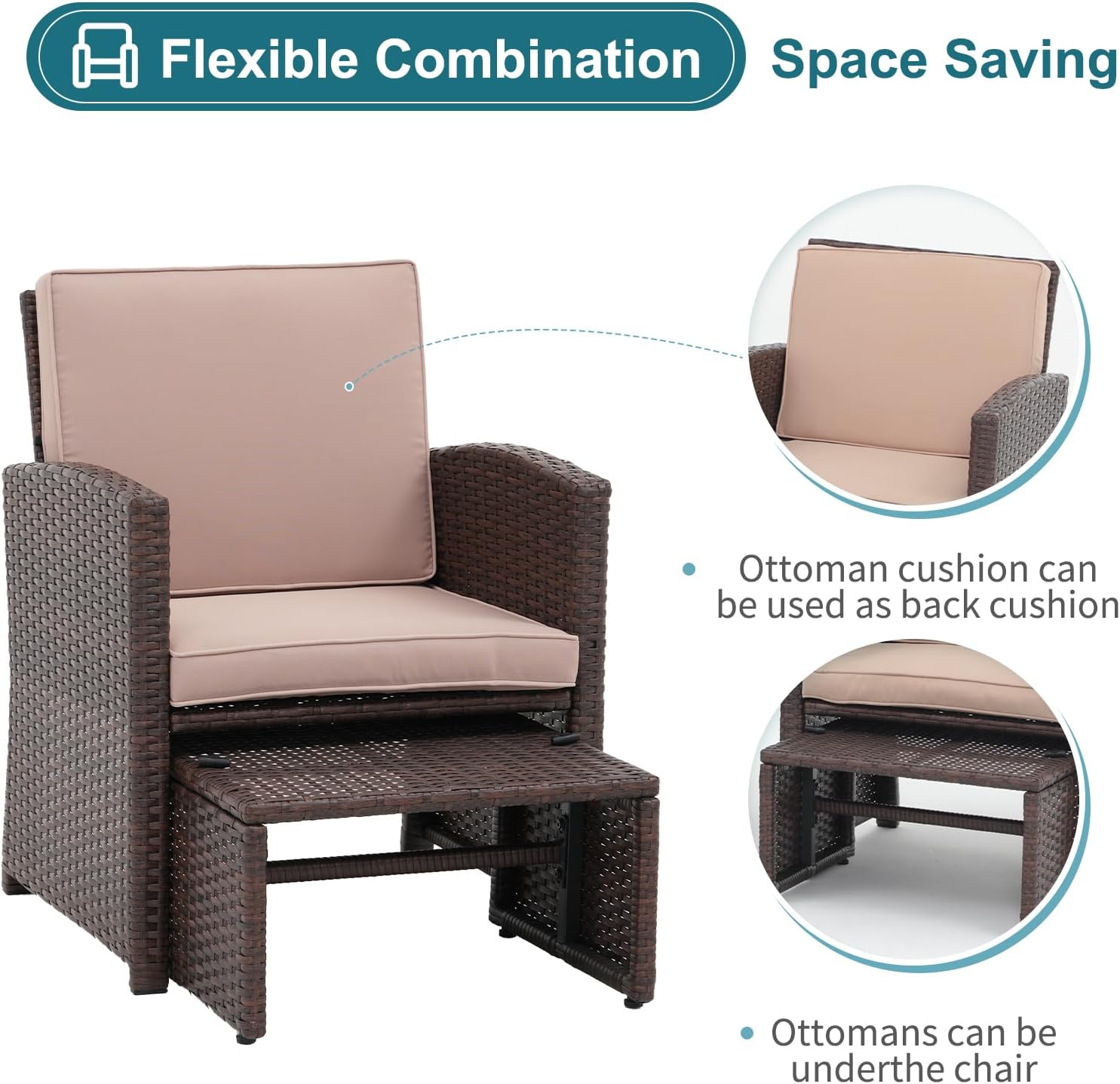 OC Orange-Casual 5 Pcs Patio Conversation Set Balcony Furniture Set with Cushions, Brown Wicker Chair with Ottoman, Storage Table for Backyard, Garden, Porch, Beige