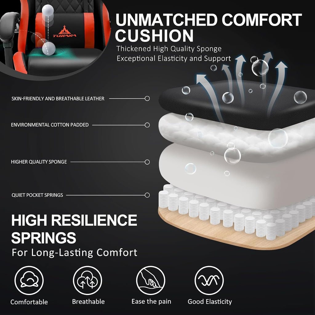 Gaming Chair,Ergonomic Massage Computer Office Desk Chair with Footrest,Pocket Spring Cushion,Reclining Leather Adjustable Gamer Chair with Headrest and Lumbar Support,Red